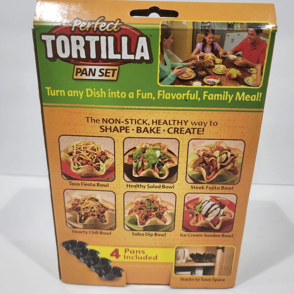 Perfect Tortilla Pan Set 4 Non-Stick Pans Baked Taco Salad Bowl Shells NEW